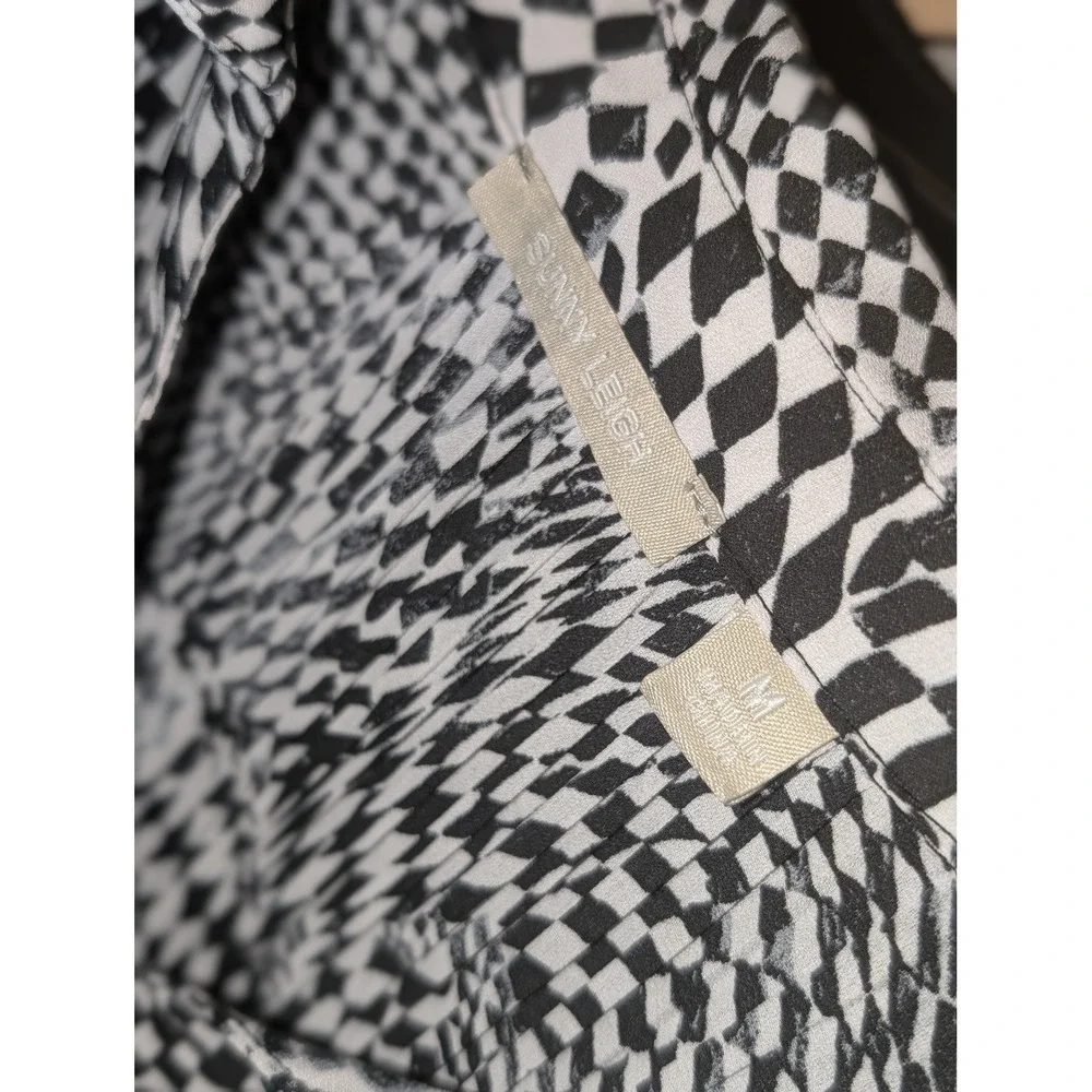 Sunny Leigh Checkerboard Button Down Tunic Blouse Black White Medium
